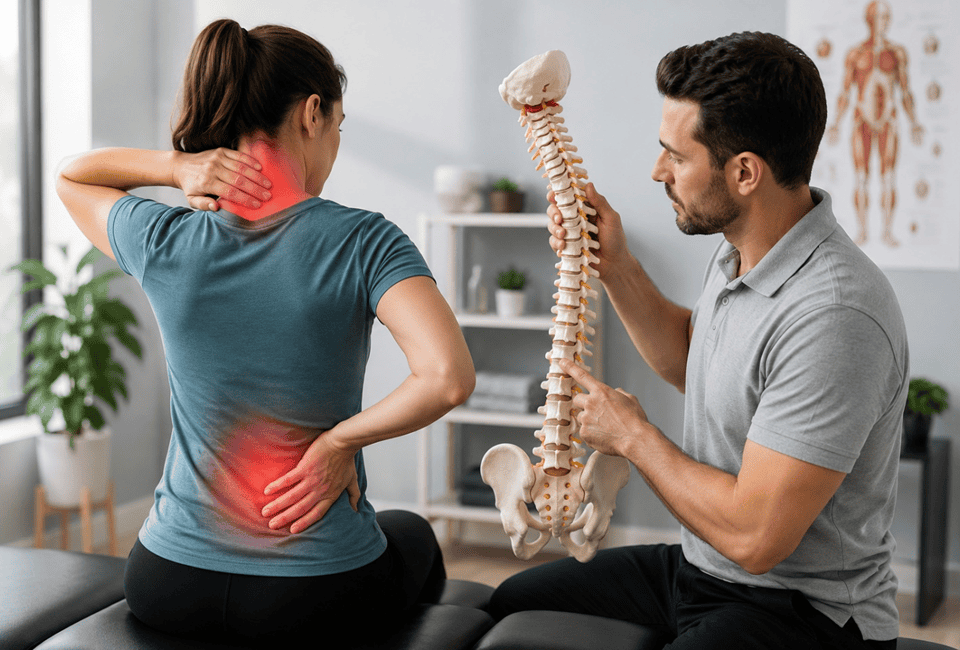 Chiropractor Examining Spine Model