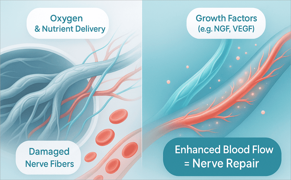 A damaged, frayed nerve fiber with little blood supply and a healthy nerve fiber with blood supply.